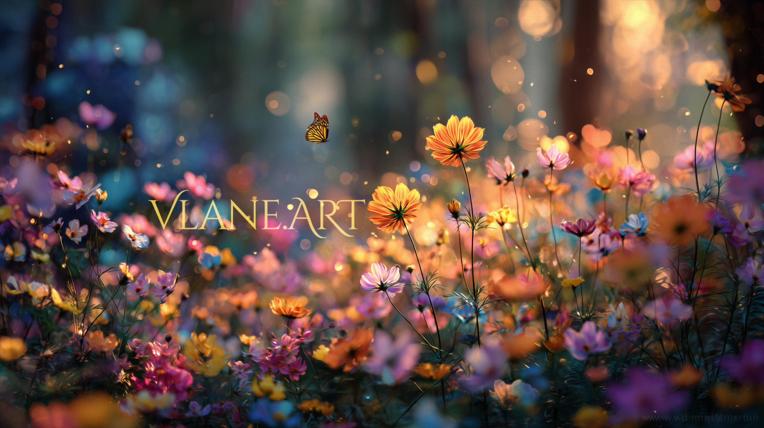 A dreamy garden of colorful wildflowers glowing in golden light with a butterfly hovering above, symbolizing creativity and renewal at Vlane.ART