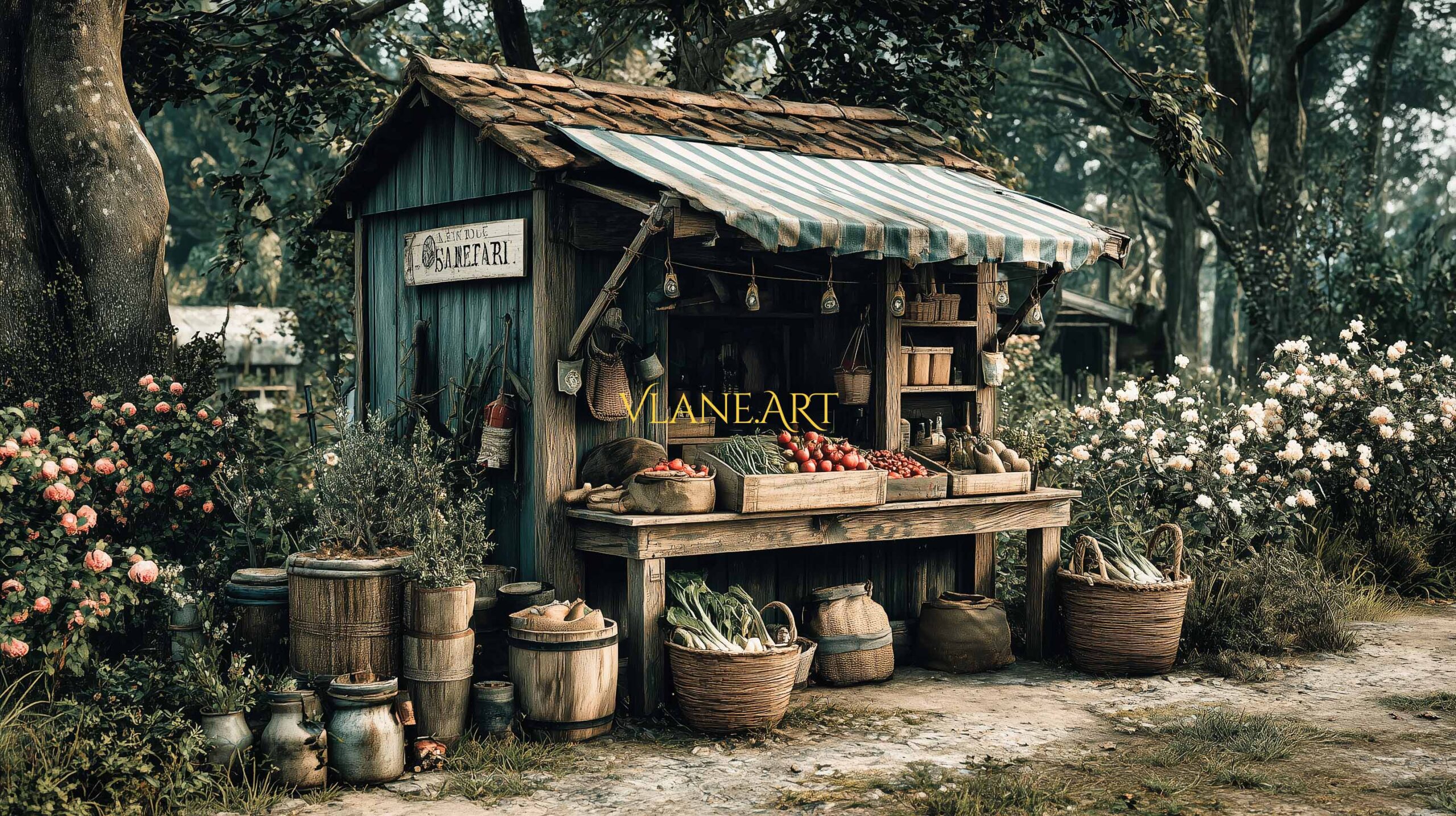 A rustic woodland farm stand surrounded by flowers and baskets of fresh produce, featuring wooden crates filled with vegetables, herbs, and garden goods. A striped canopy shades the stand, giving it a cozy homestead feel in a serene forest setting.